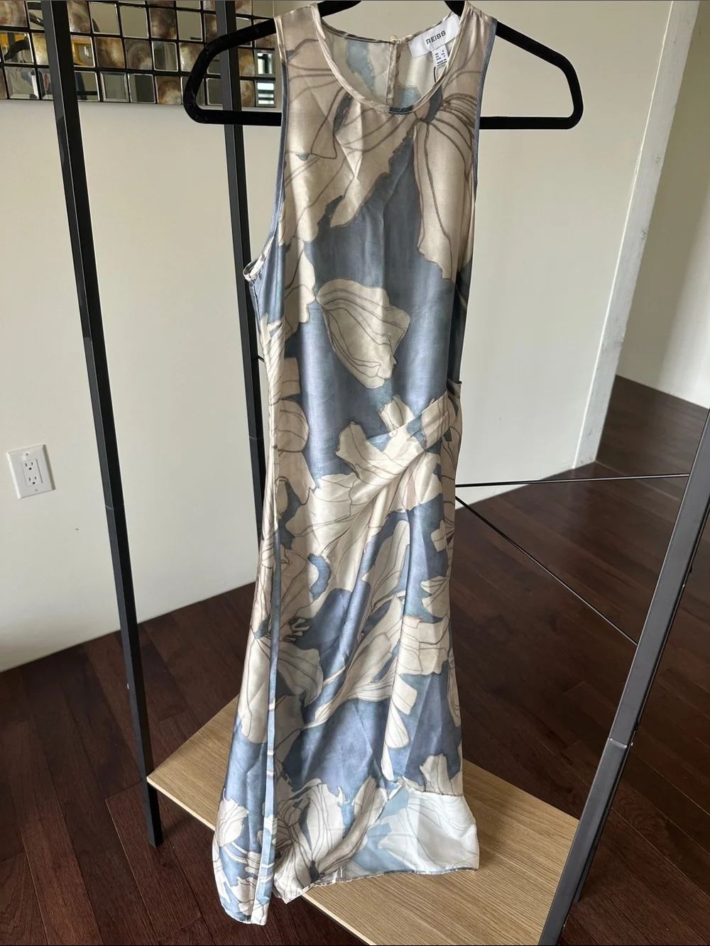REISS Mieke Satin Floral Drape Midi Dress in Blue Size US 2 NEW with tag